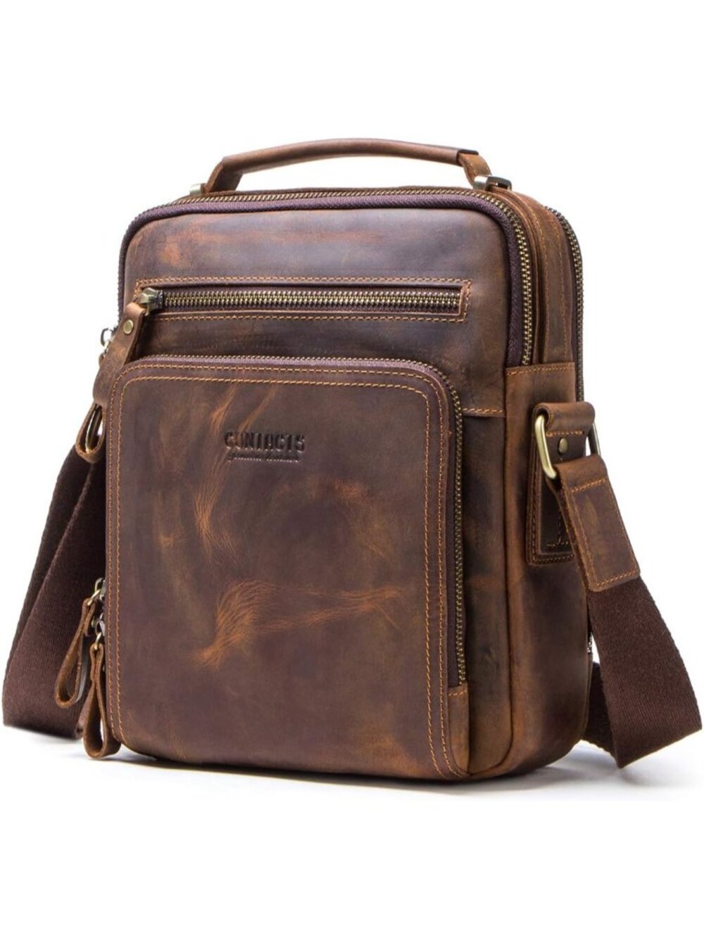Men's Brown Genuine Leather Small Messenger Bag Zipper Adjustable Shoulder Strap